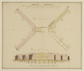 216185 Plattegrond en doorsneden van het ontwerp voor een schotbalksluis in de Kromme Rijn bij de zaagmolen Kranenburg ...